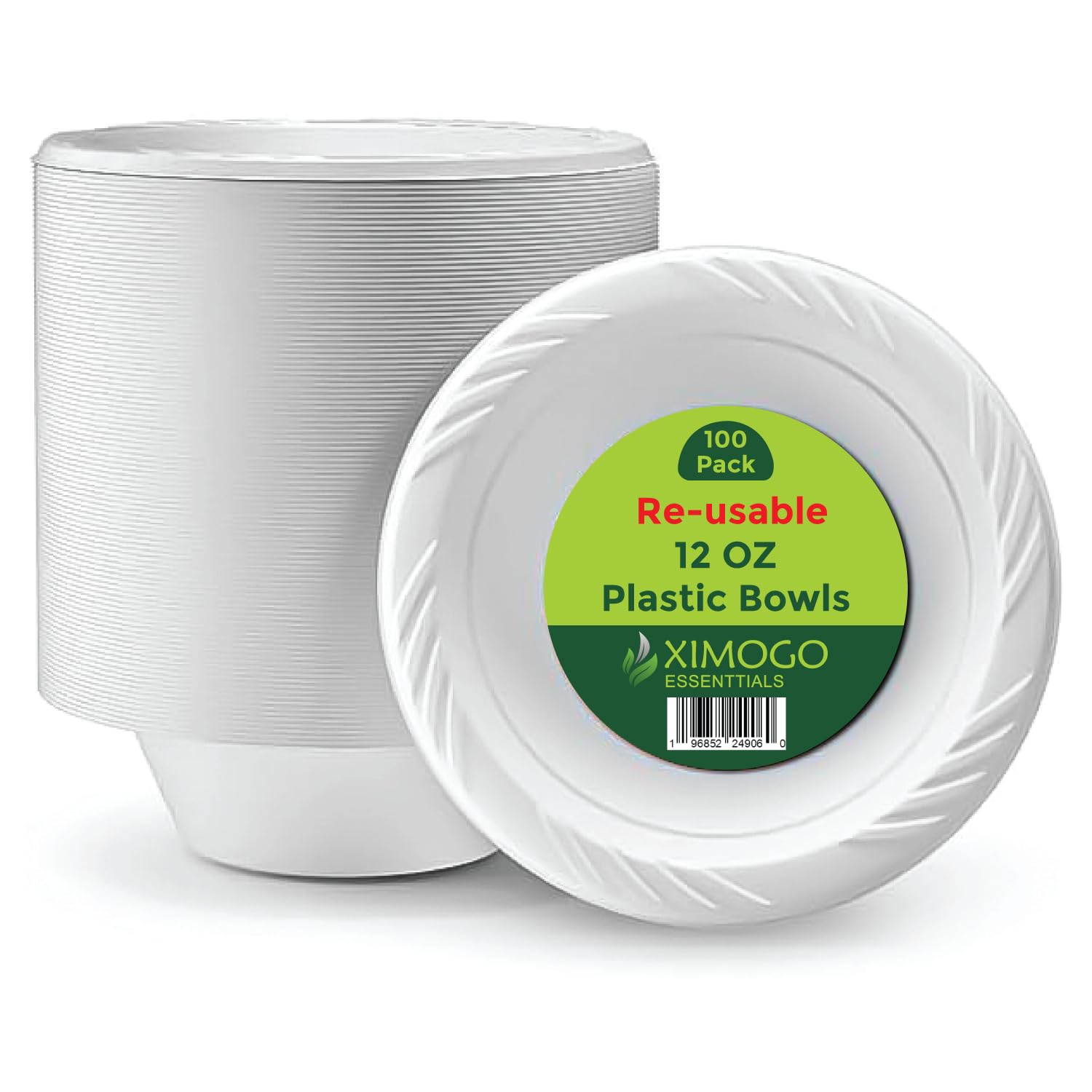 XIMOGO Pack of 100 White Plastic Bowls – 12 OZ, Washable & Reusable –Microwaveable- Perfect for Parties, Dessert, and Picnic Tableware.Reliable,Stackable,Reuseable and Light Plastic Bowls.
