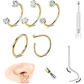 ZS 18G 8mm Horseshoe Nose Ring, Stainless Steel Piercing Jewelry for Nose, Lip, Ear, 5-Pieces Nose Rings Set with Insertion Tool | Hypoallergenic Fake Body Piercing
