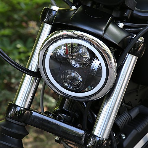 TRUCKMALL 5.75 inch LED Headlight Halo DRL Bulb Light Kit Set for Harley Davidson Street Bob Super Wide Glide Low Rider Night Rod Softail Custom Iron 883 Dyna Indian Scout Triumph Motorcycle Black