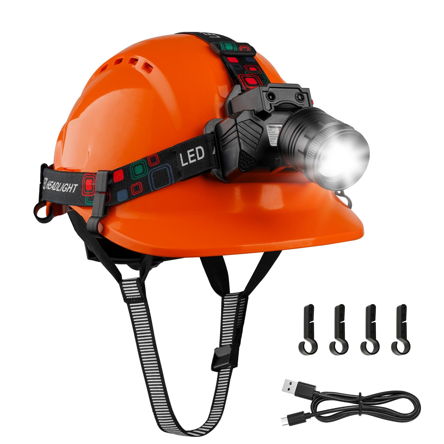 Mustbau Hard Hat with Head Torch Safety Helmet with Sensor LED Headlight,Adjustable Vented Hardhats and Rechargeable Headlamp Set EN397 for Construction Worker-Orange