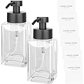 2 Pcs Foam Soap Glass Dispensers, 12 OZ Foaming Hand Soap Dispenser with Pump, Refillable Glass Bottle for Bathroom Kitchen, Includes 6 Labels