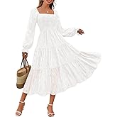 MEROKEETY Women's Fall Long Sleeve Floral Midi Dress Smocked Ruffle Tiered Square Neck Wedding Guest Dresses Pockets