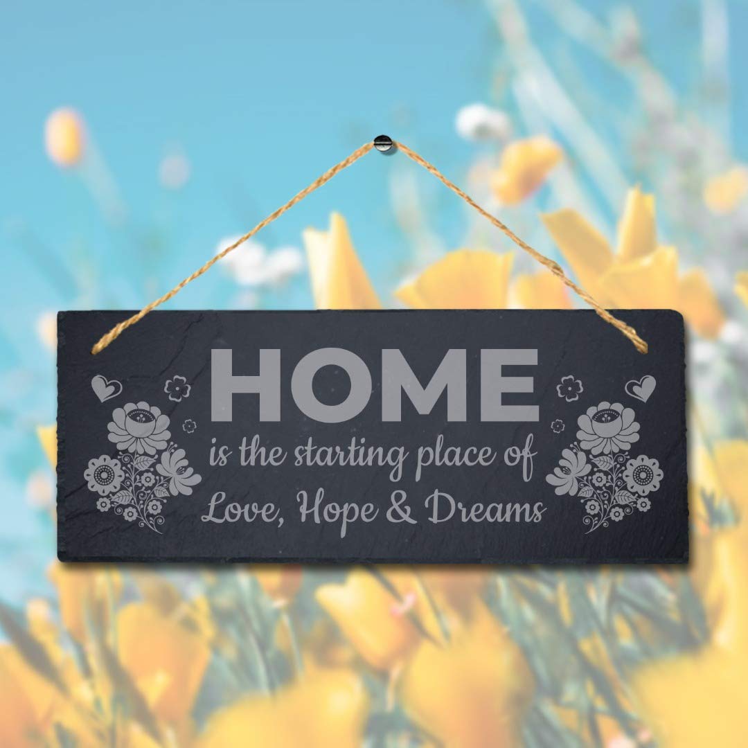 Stukk Home Love Hope Dreams Laser Hanging House Allotment Sign, Natural Engraved Slate Stone Plaque, 30x12cm (Large)