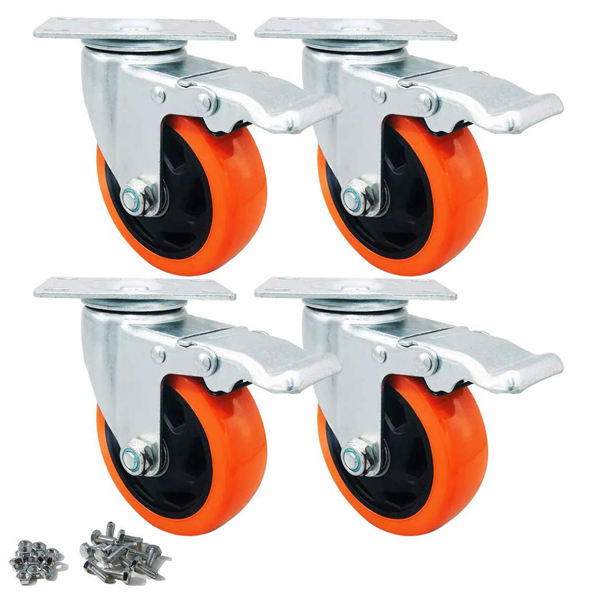 IQWTU Heavy Duty Castor Wheels with Brakes, 100MM Furniture Castors, Double Bearing Rubber Swivel Castor PU Trolley Wheels, 4 Industrial Plate Casters Capacity 600KG