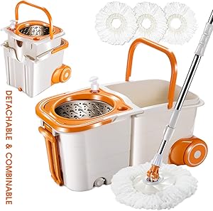 360 Spin Mop and Bucket ,with Wringer Set for Floor Cleaning Mops and Bucket System with Wheels and 3 Mop Pads Replacements Mop Bucket Kit with Retractable Handle