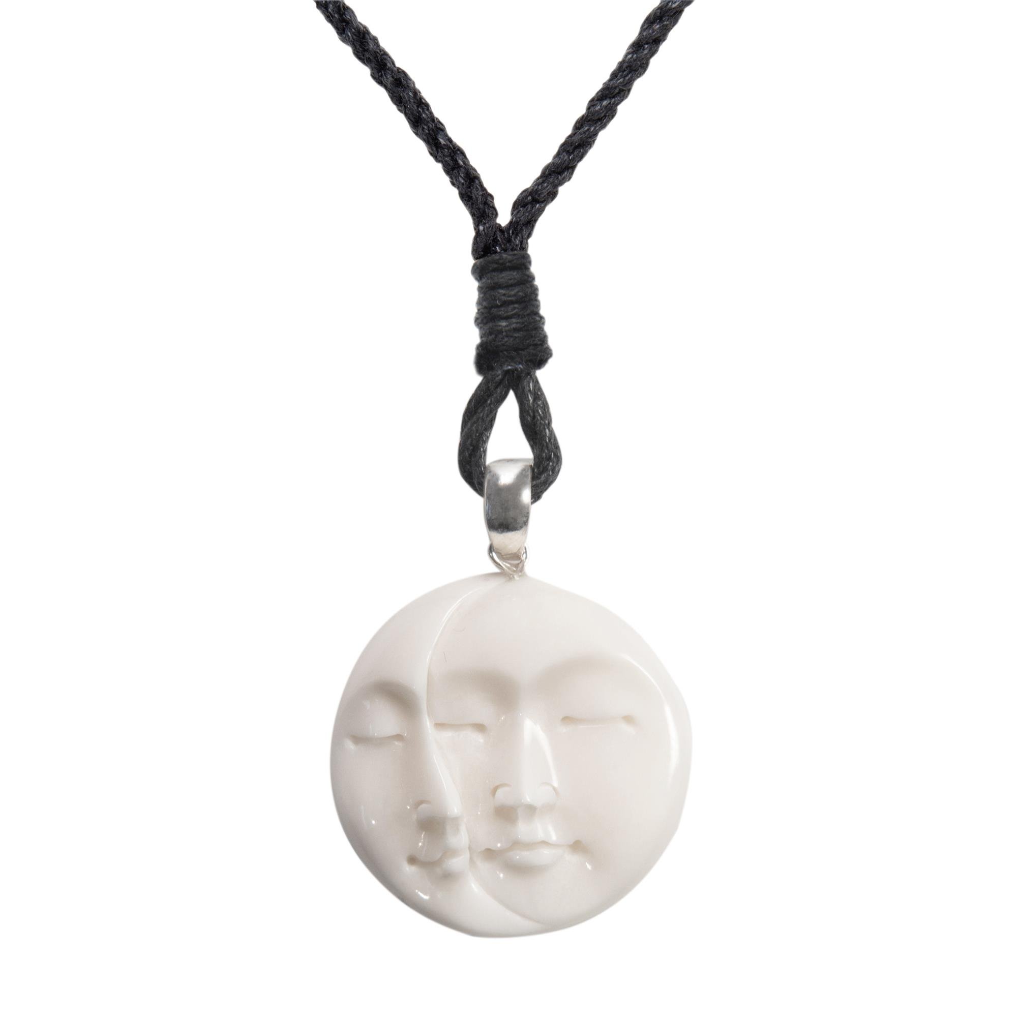 81stgeneration Sterling Silver Hand-Carved Bone Sleeping Moon Face Amulet Necklace – Full and Crescent Moon Phase Pendant on Cord - Mystical Talisman for Men - Natural Celestial Jewellery for Women