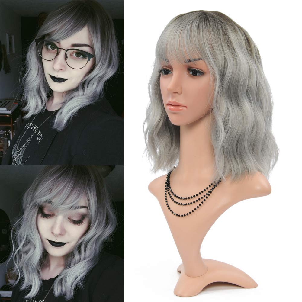 FAELBATY Ombre Grey Wig - Short Bob Wig With Air Bangs, Curly Wavy Synthetic Hair - 12" Dark Root Ombre Grey