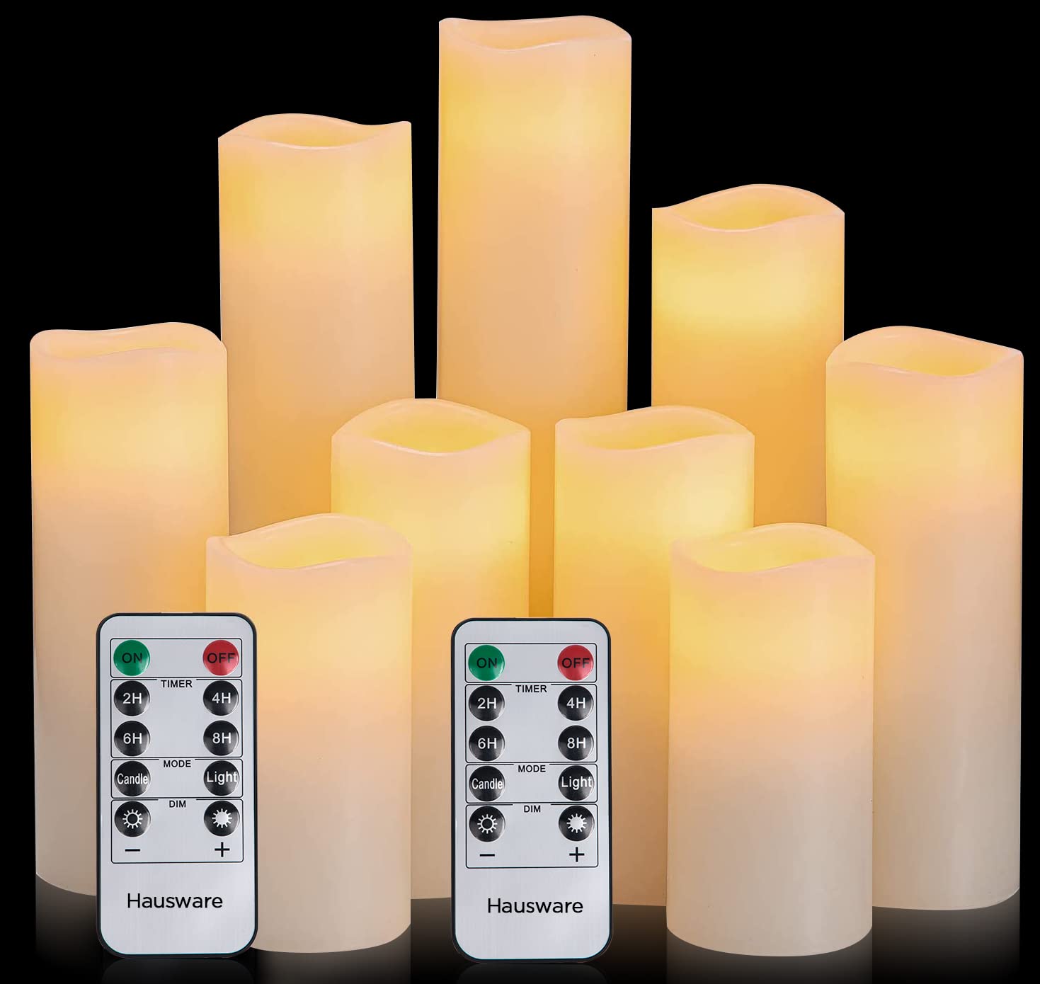 Hausware Flameless Candles, 4" 5" 6" 7" 8" 9" LED Candles Outdoor Lights LED Flickering Pillar Candles With Remote and Timer (Ivory), Set of 9