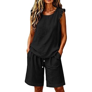 Linen Sets Women 2 Piece Ruffle Sleeveless Tank Tops Drawstring Shorts Summer Casual Outfits Matching Beach Vacation