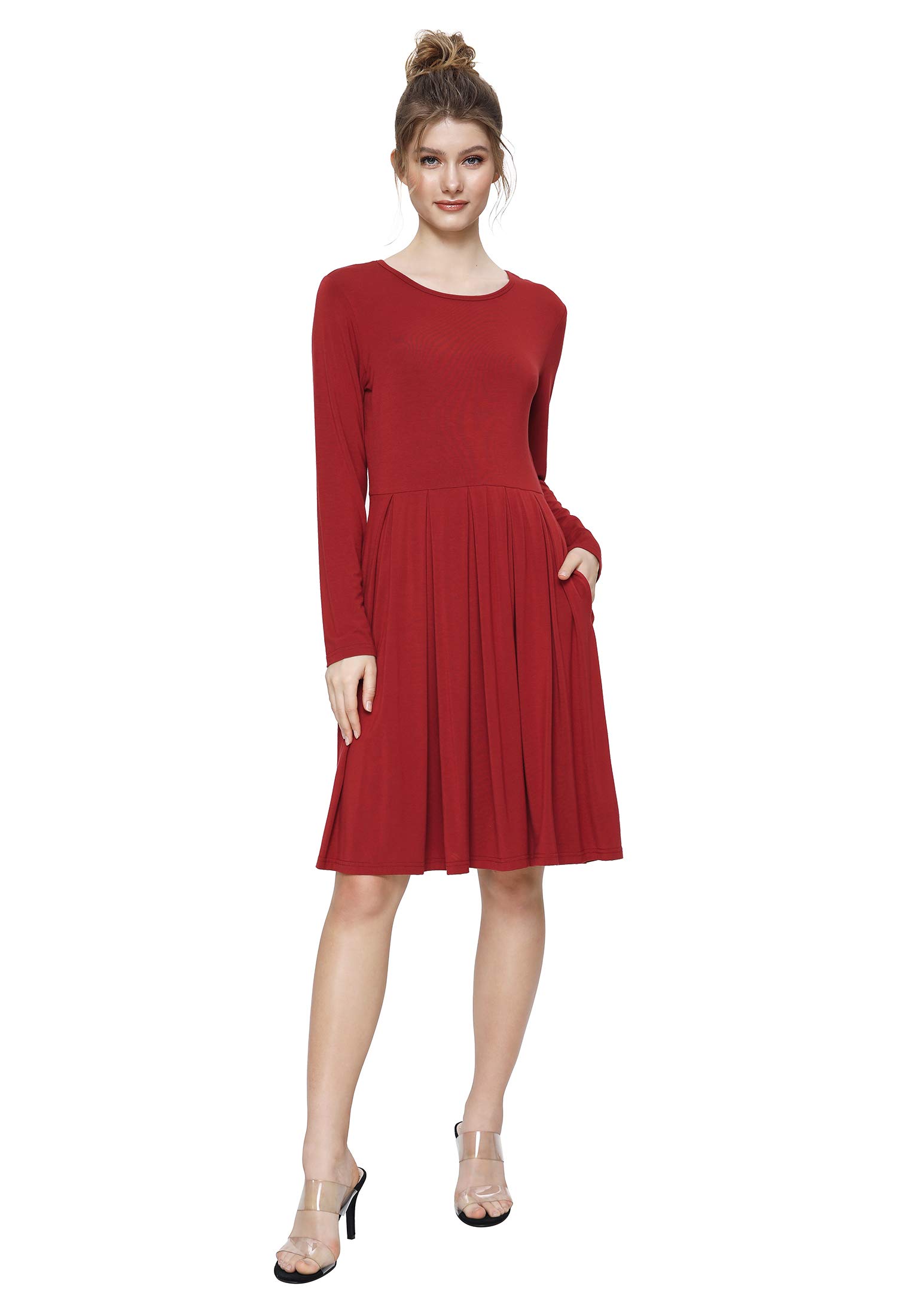 Weintee Women's Casual Dress Pleated Knee Length Dress with Pockets 2X Red