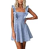 utcoco Denim Dress for Women Ruffle Adjustable Strap Sleeveless Backless Babydoll Mini Jean Dresses
