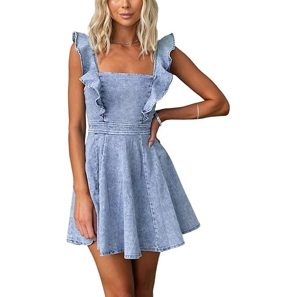 denim tie shoulder dress loveimgs Women's Summer Tie Shoulder Sleeveless Denim Mini Dress Ruffle A Line Swing Short Denim Dress (X-Small,Dark Blue) at Amazon Women's Clothing store