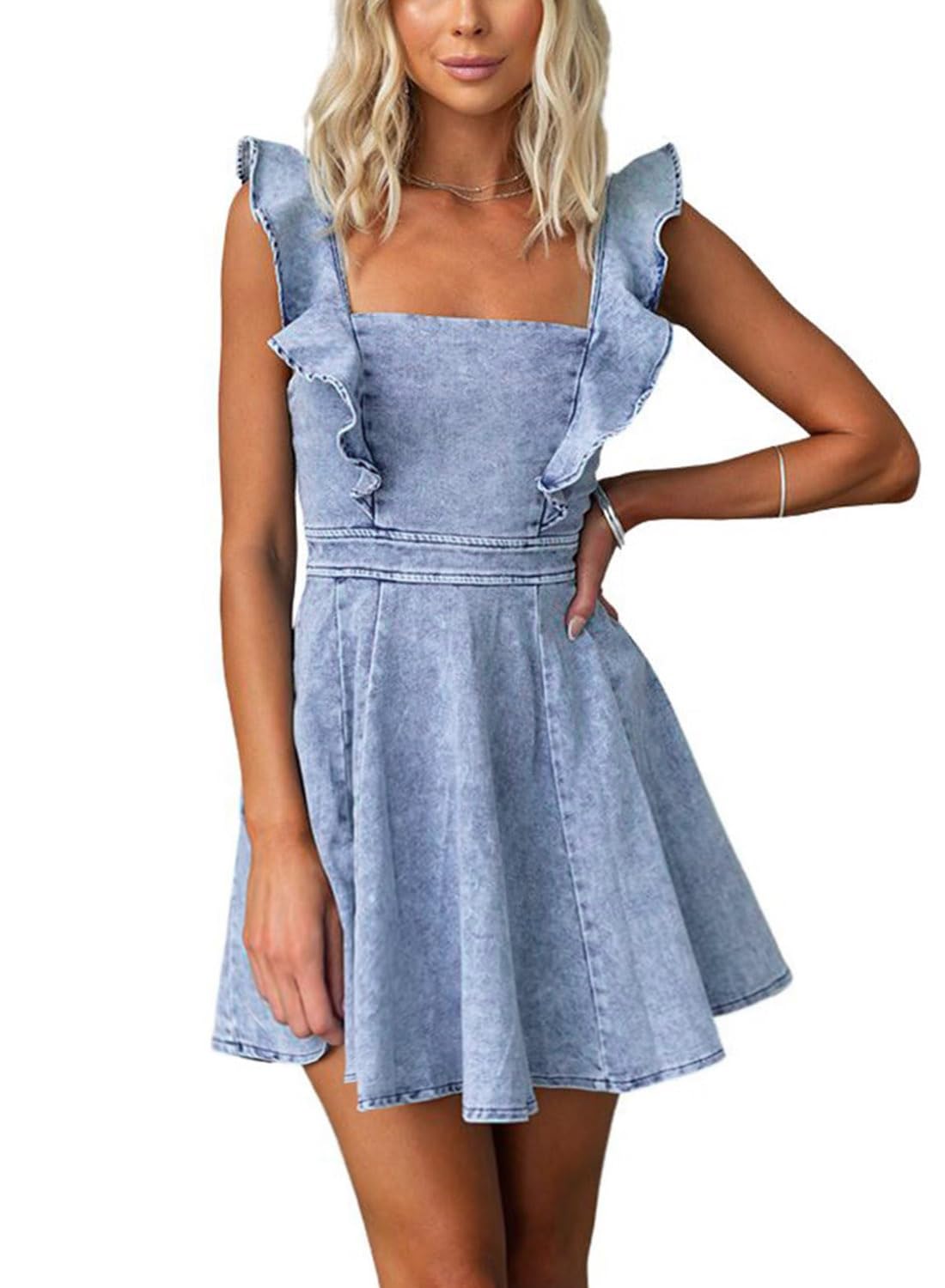 Photo 1 of (DAMAGED ZIPPER) (BAGGED) (SMALL) utcoco Denim Dress for Women Ruffle Adjustable Strap Sleeveless Backless Babydoll Mini Jean Dresses (Small, Light Blue)