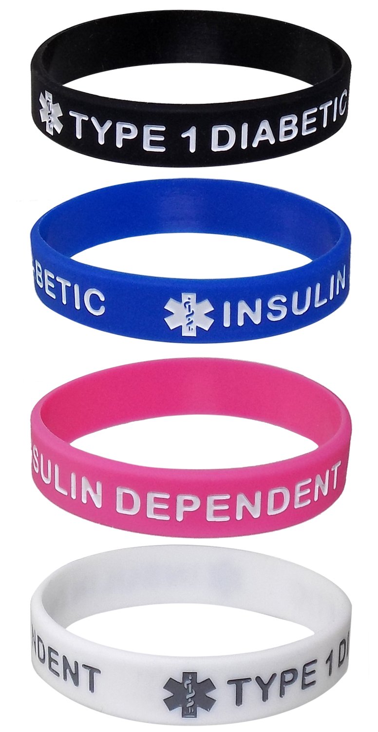 Max Petals TYPE 1 DIABETIC INSULIN DEPENDENT Kid's Size Silicone Wristbands - Black, White, Blue and Pink (4 Pack)