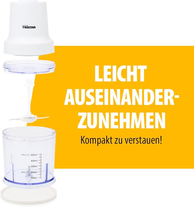 Edelstahl-Zerkleinerer, 400W Motor, 2 Geschwindigkeiten mit Turbo, 2 Edelstahlklingen, 0.5L Schüssel, Kompaktes Design, Spülmaschinengeeignet, Leicht zu Reinigen, BL-4023