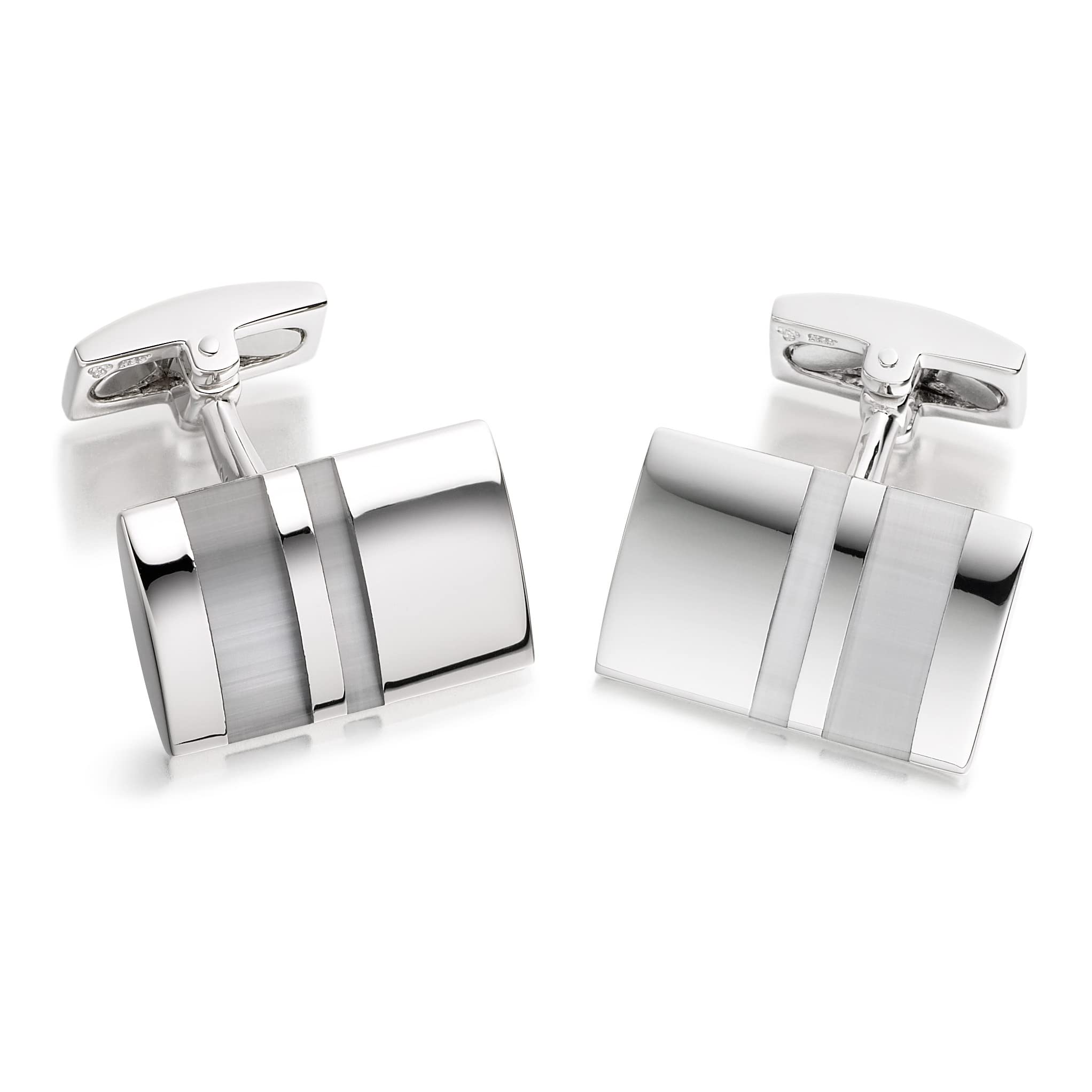 Hoxton London Men's Sterling Silver and Grey Cats Eye Stripe Rectangle Cufflinks