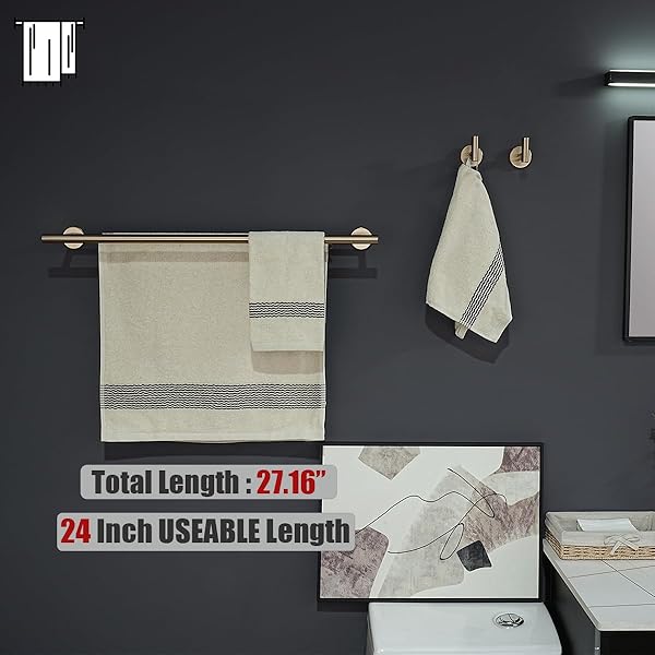 JQK BATHROOM HARDWARE SET, 5-PIECE BATH ACCESSORIES SET CHAMPAGNE BRONZE WALL MOUNT INCLUDES 24 IN TOWEL BAR, 9 IN HT BAR, TP HOLDER, TOWEL HOOK X 2, BAS105-CB