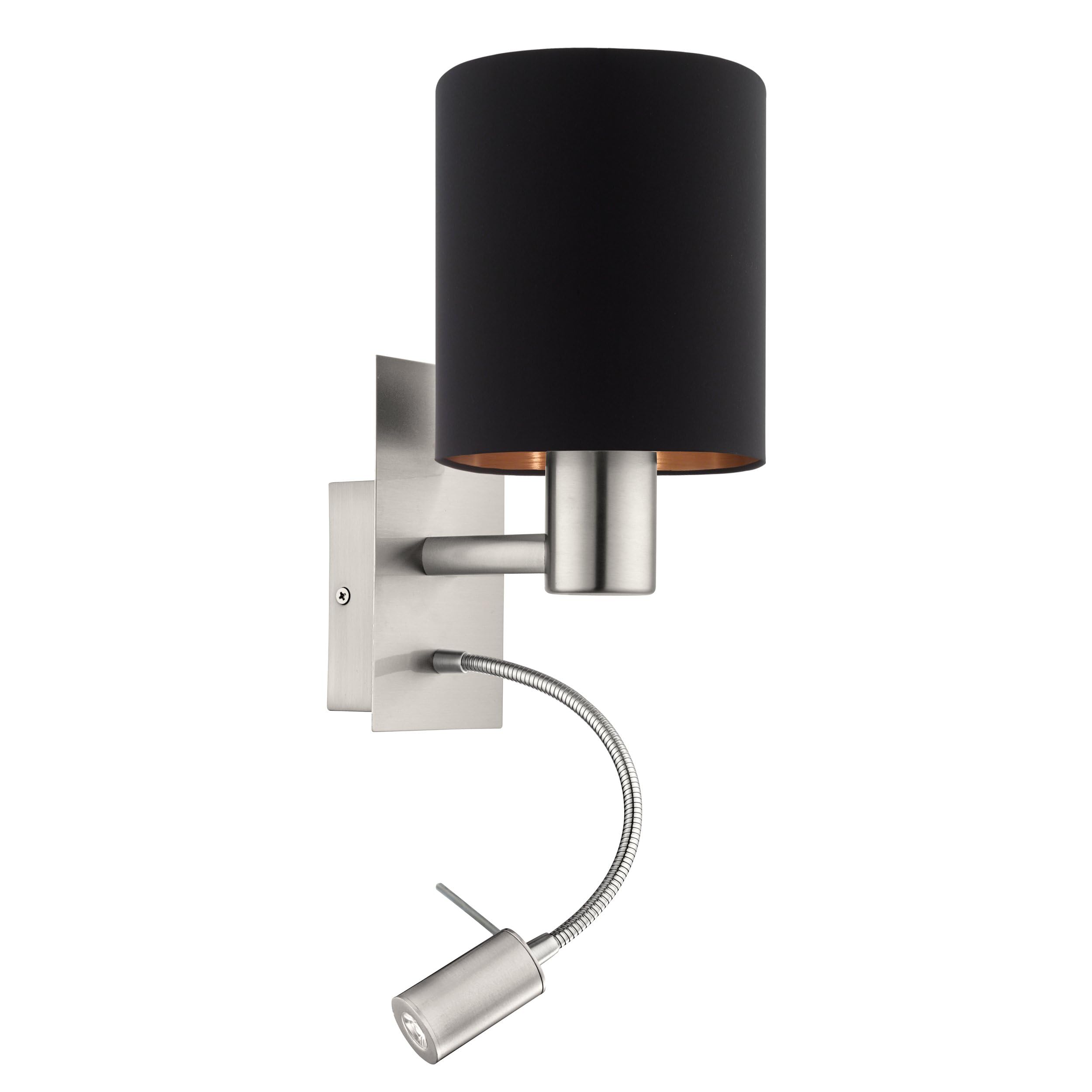 Eglo LED Wall Lamp Pasteri, 2-Flame Textile Wall Light, Material: Steel, Fabric, Colour: Matt Nickel, Black, Copper, Socket: E27, incl. Switch and Flexible Reading Light