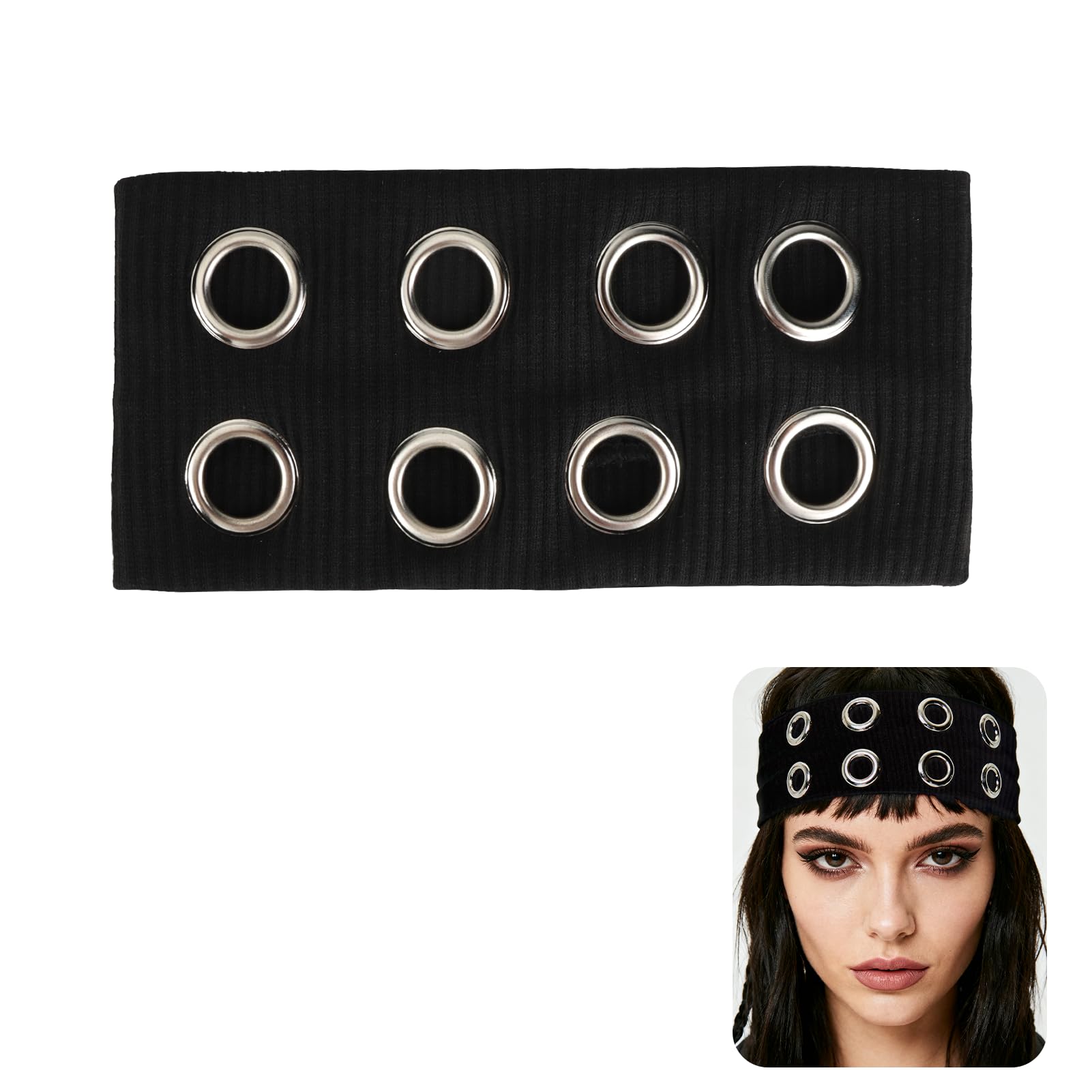 Photo 1 of RJLCTH Women Hollow Out Eyelets Elastic Headband, Y2K Wide Hairband with Grommets for Yoga Running Party Travel and Daily Casual Styling, Stretchy Punk Grunge Headbands for Women Black Hair Accessory