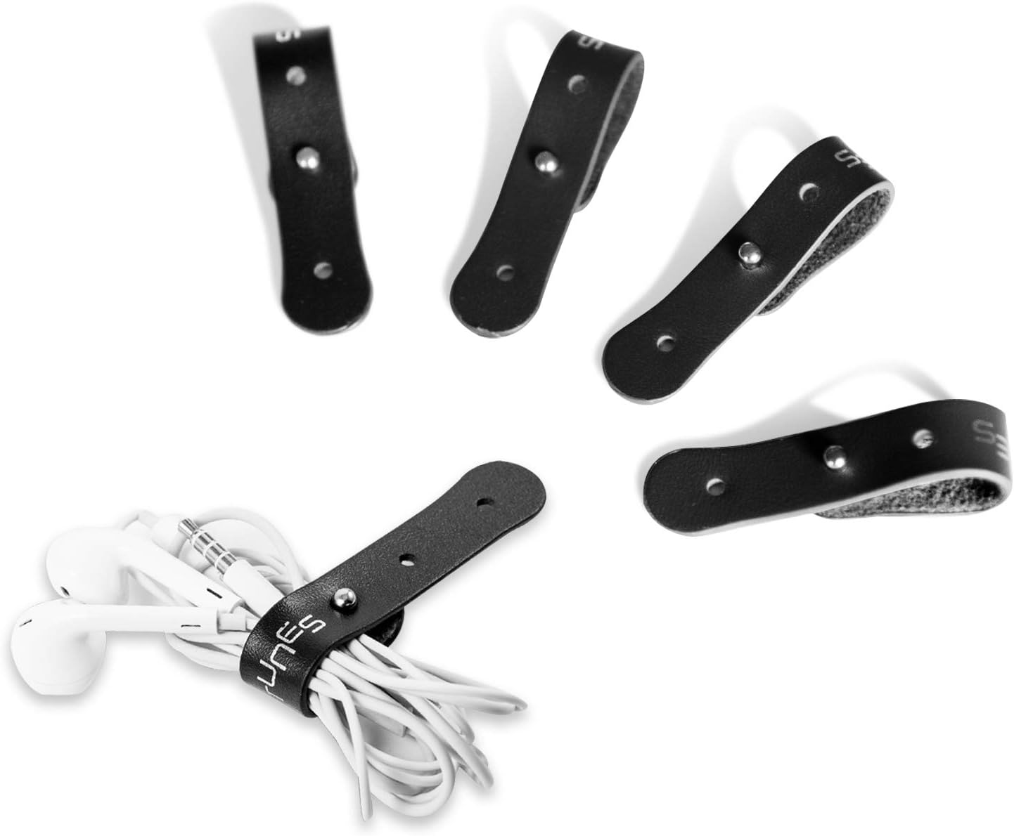 CTUNES Earphone Winder, Leather Cable Straps Cord Organizer, Earbuds Holder for USB Cable Headphone Wire (Black - 4 Pcs)