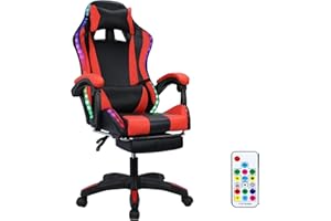 Gaming Chair with BluetoothSpeakers & LED Lights, Massage Lumbar Support and Retractable Footrest, Ergonomic High-Back PU Lea