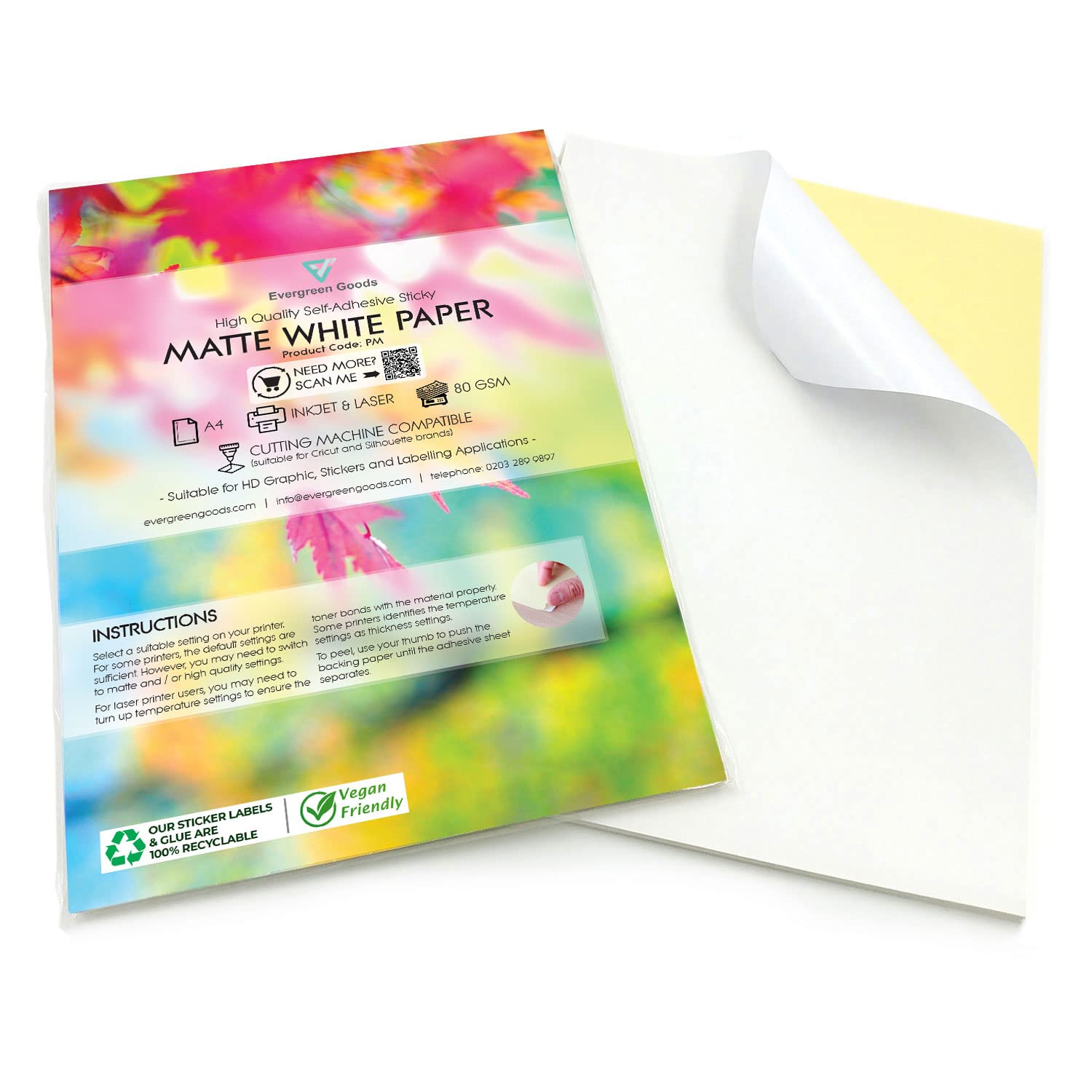 Evergreen Goods Ltd 50 Sheets A4 White Self Adhesive Matte Sticker Paper | Durable Photo Paper for Inkjet and Laser Printers | Sticky Back Printing Sheets Perfect for Customisable Universal Labels