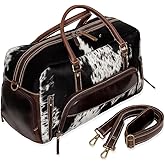 Leather Duffel Bag for Men & Women, Genuine Weekender Travel Bag, Handmade Overnight Gym Bag with Shoulder Strap, Carry-On for Business & Outdoor Travel (Yukon Hair Duffel, Black & White, 22 Inch)