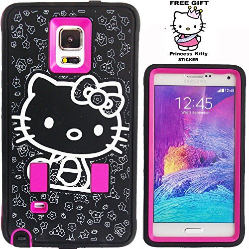 Hello Kitty Protector Case for Samsung Galaxy Note 4 N910 Shockproof Bow Cute Strong Protective Dual Layer 2 in 1 Silicone Rubber Gel & Hard Thin Slim Hybrid Cover Anti-Bubble Screen Protector & Stylus (Pink)