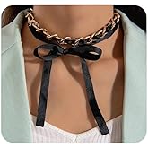 Navirix Black Long Ribbon Bow Choker Necklace for Women,Chunky Long Fabric Chain Lace Up Necklace Unique Neck Jewelry