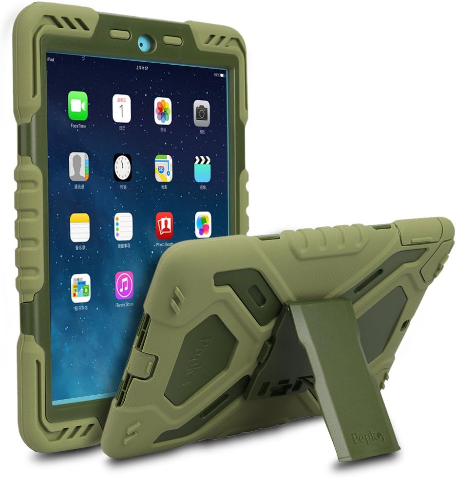 Eastcoo Military Extreme Dual Layer Soft Rugged Hard PC Shockproof case with Kickstand Built-in Screen Protector for Apple iPad 9.7 inch iPad 2018/2017/ipad 5/ipad Air（Olive/Olive)