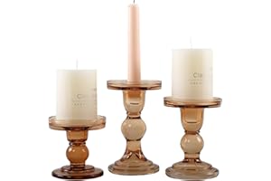 GMWD 3 Pcs Glass Candle Holder Set Clear, Amber Candlesticks Holders Pillar Taper Candles Tealight Stand for Wedding Centerpieces Home Decorations Dining Table