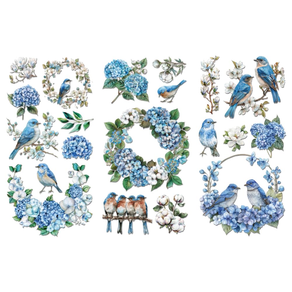 Peacoblue Rub on Transfer Decals for Furniture Crafts 6"x12", 3Pcs Blue Bird with Hydrangea Waterproof UV DTF Transfer Decals Sticker for Dresser Lingerie Chests Drawer Glass Porcelain Wood — image 1
