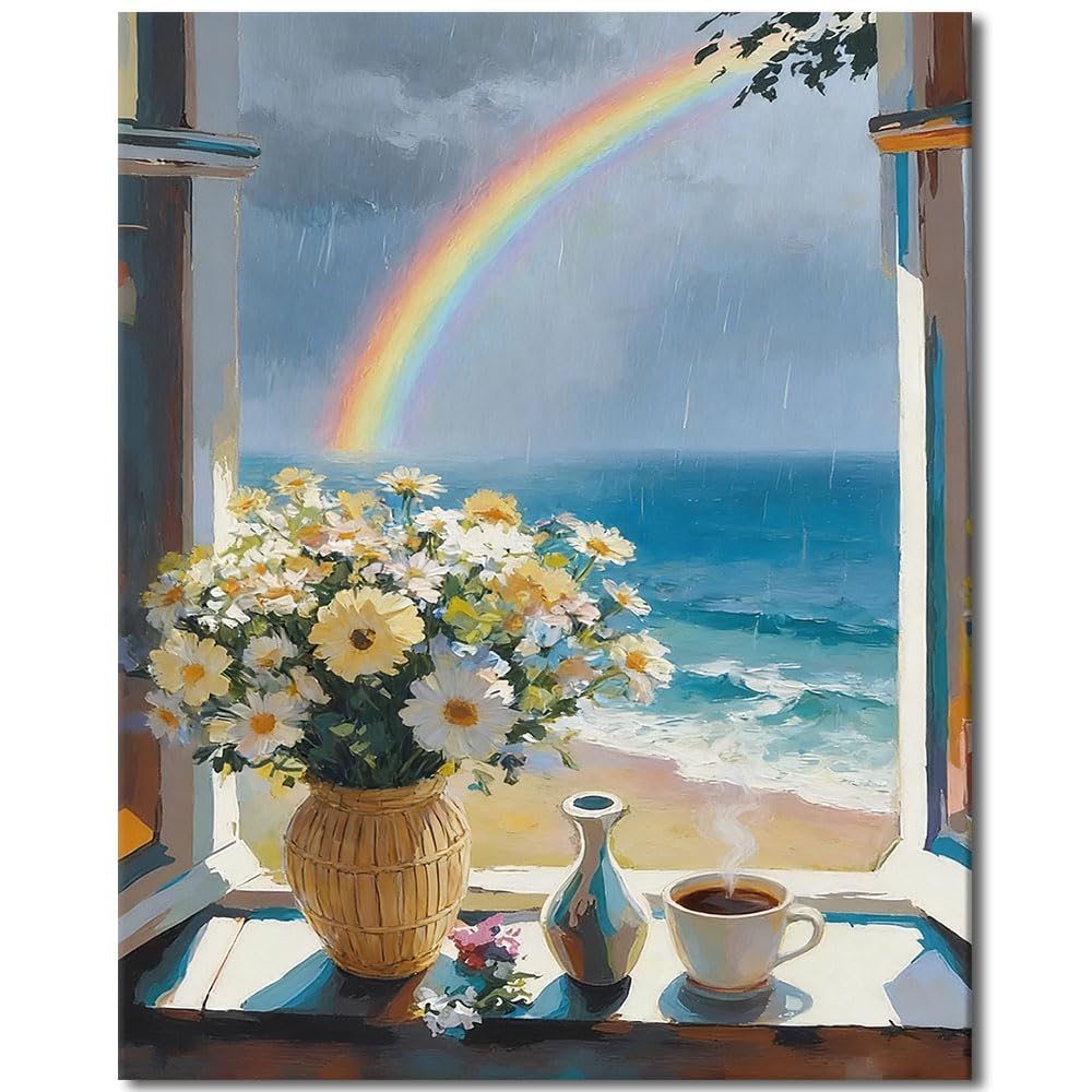 TISHIRON Paint by Number Kits for Adults, Adult Paint by Numbers - Window View with Flowers in Vase, Coffee Cup & Ocean, Coastal Decor Canvas Art Crafts Kit(16x20 Inch) — image 1