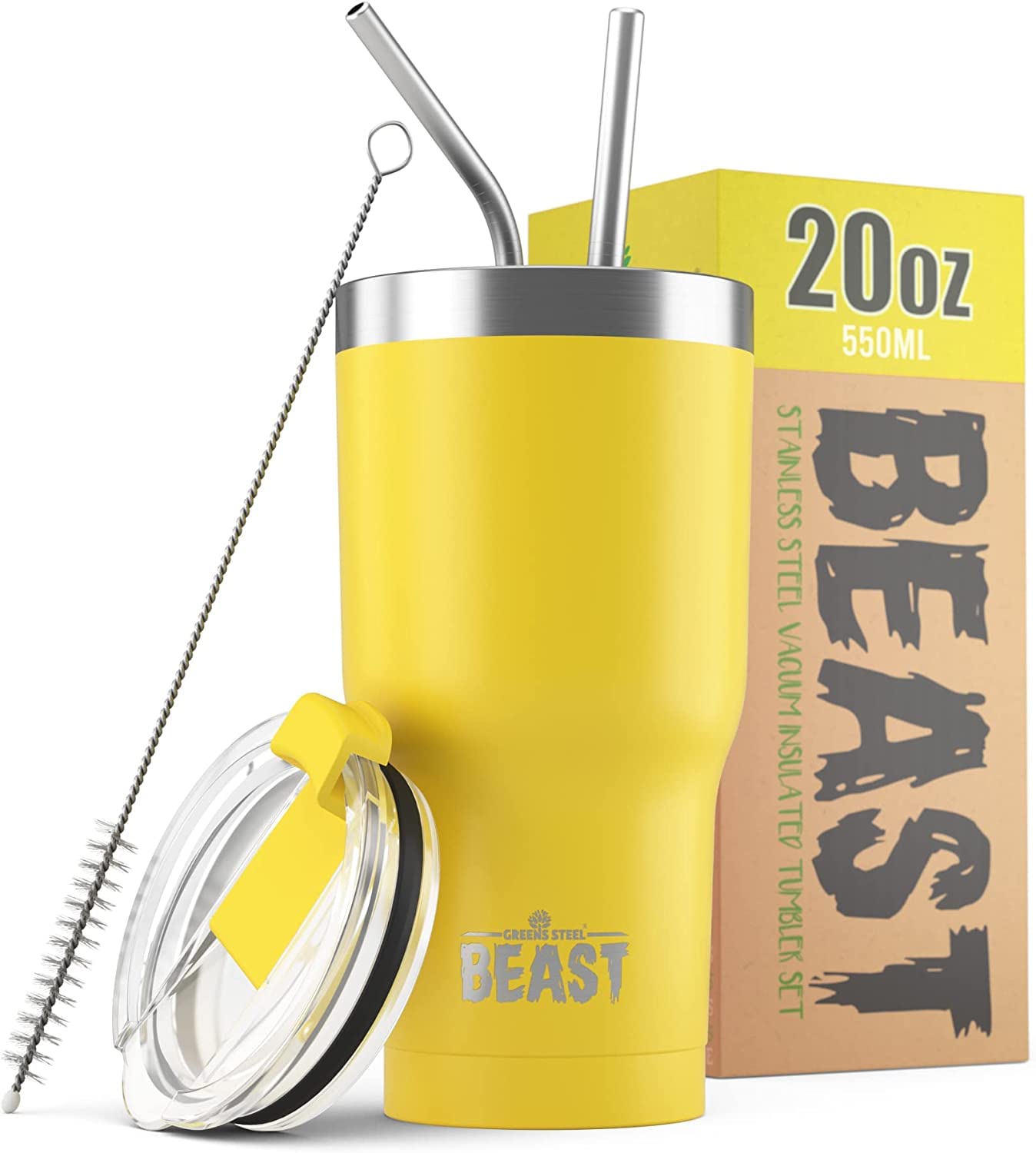 Beast Tumbler - 550 ml (20 oz), Lemon Yellow | Reusable Stainless Steel, Vacuum Insulated Cup | with + 2 Straws & Cleaning Brush | Double Wall Travel Flask Perfect for Hot or Iced Coffee | BPA Free