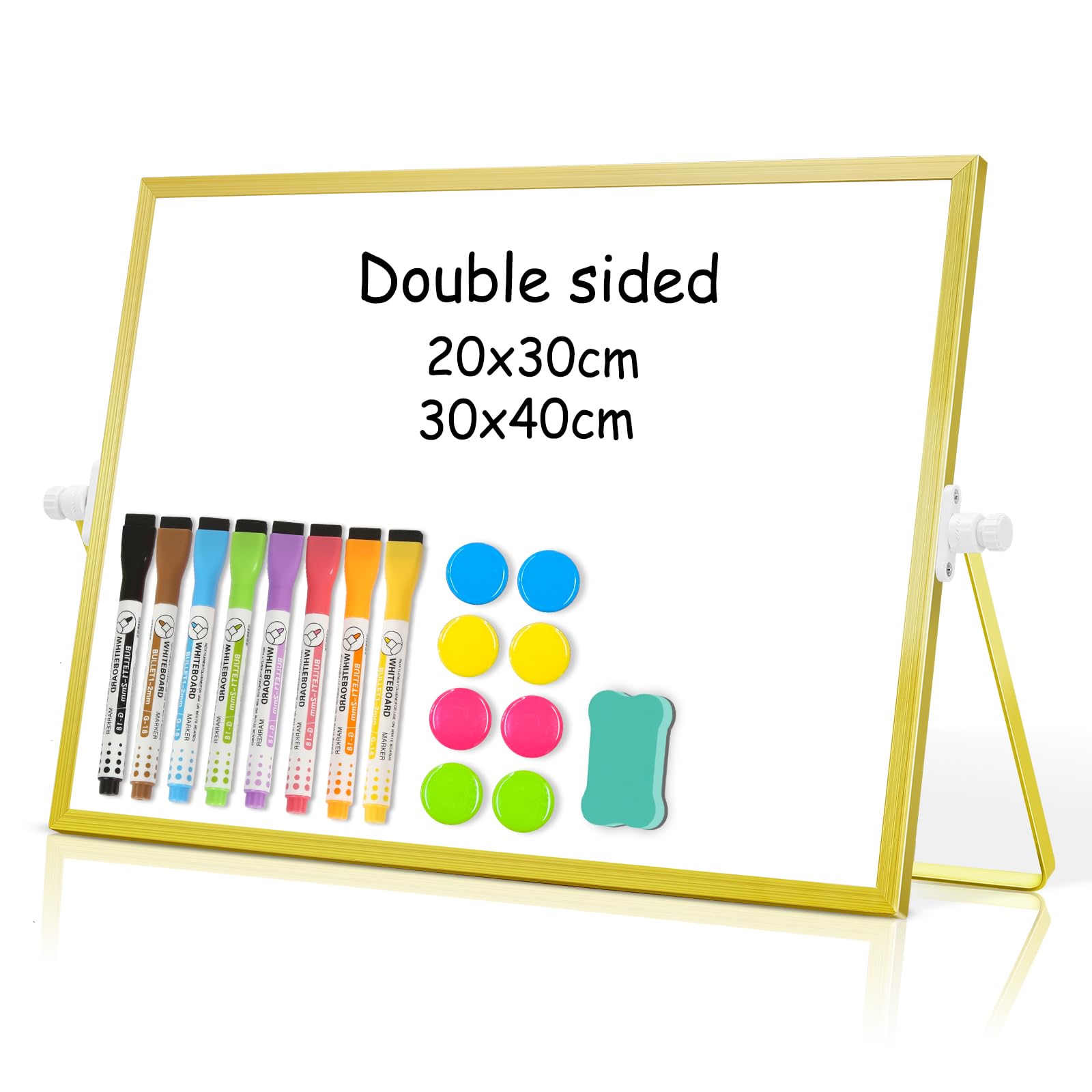 DOLLAR BOSS Magnetic Desktop Whiteboard 30x40cm Double Sided Dry Erase Small White Board with Stand, A3 Mini Whiteboard 8 Pens, 1 Eraser, for School, Home, Office Gold