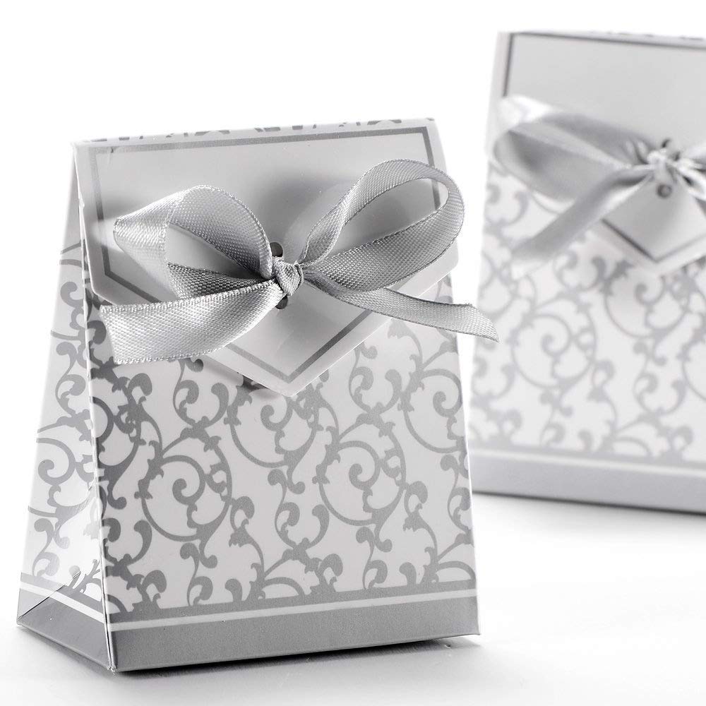AKORD Wedding Favour Candy Gift Boxes with Ribbons 30pcs, Silver, 6.7 x 3.7 x 8.2 cm