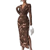 GORGLITTER Women's Floral Bodycon Midi Dress Long Sleeve V Neck Party Formal Prom Wedding Guest Cocktail Maxi Dresses