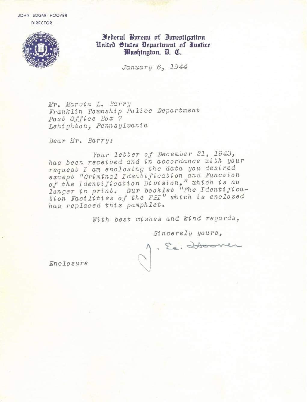 J. Edgar Hoover Signed Authentic Autographed Pair of Letters PSA/DNA