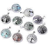 Beadthoven 10pcs Tree Of Life Charms Pendants Mixed Natural Gemstone Pendants Platinum Round Healing Energy Stone Crystal Chakra Charms for DIY Necklaces Jewelry Making Accessories