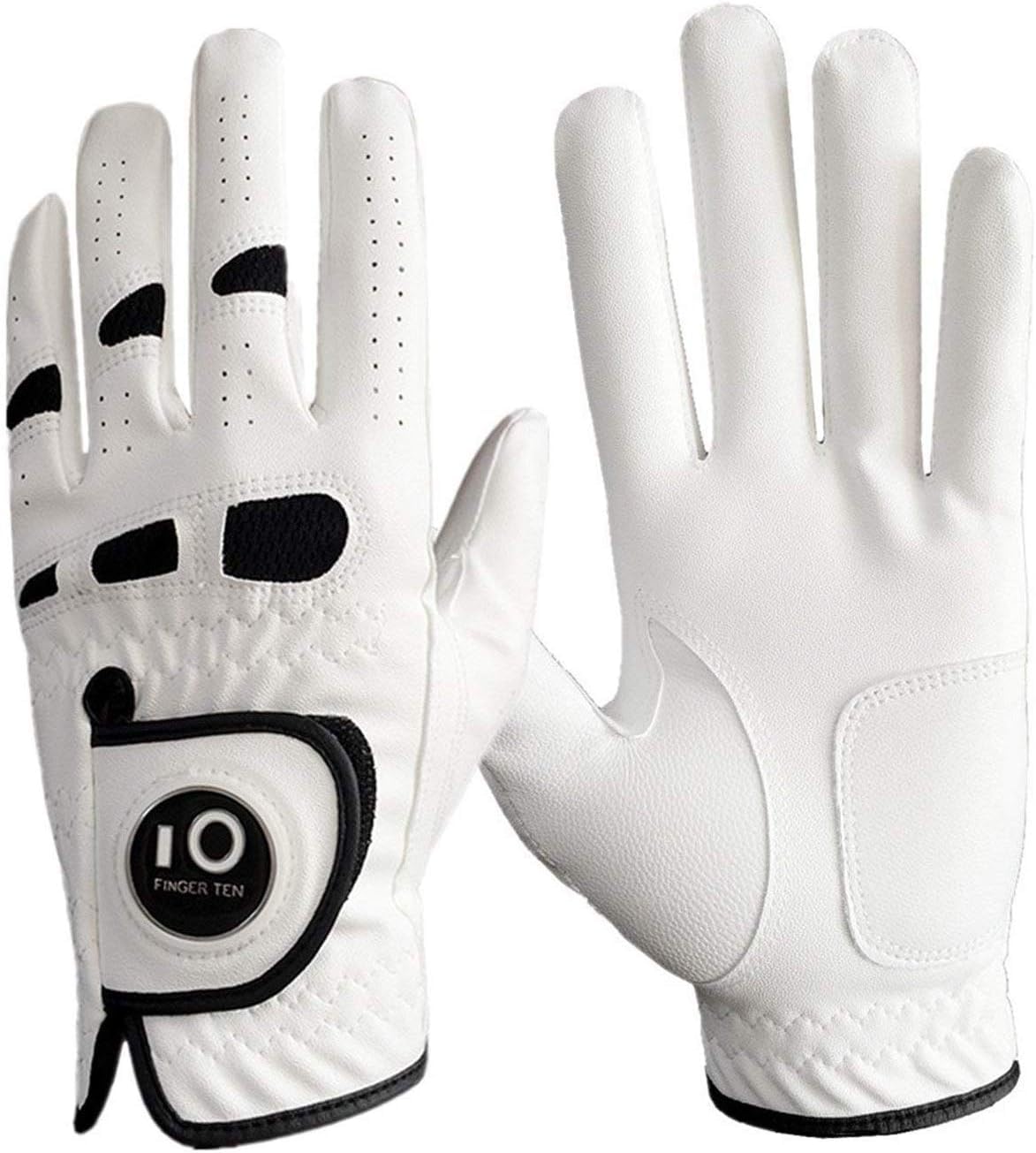 FINGER TEN Golf Gloves Men Left Hand Right with Ball Marker Cabretta Leather Weathersof Value Pack, Rain Grip Golf Glove Mens Wear Resistant (White, XXXL, Left)