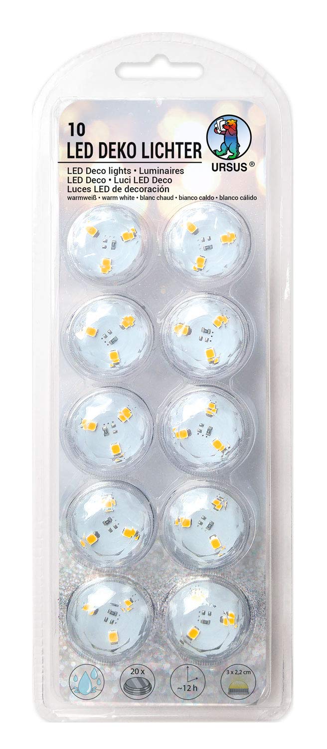 Ursus LED Decorative, Pack of 10, for Indoor and Outdoor use, Warm White, Light Lasts Approx. 12 Hours, Batteries and Adhesive Pads Included, Waterproof, Ideal for Lanterns, Colourful, One Size