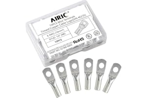 AIRIC 10 pcs Battery Cable Lugs 6 AWG - 1/4" Stud (M6) Battery Terminal Connectors, UL Heavy Duty Battery Cable Ends, Tinned Copper Tubular Ring Terminals, Crimp Wire Eyelets Electrical Connector