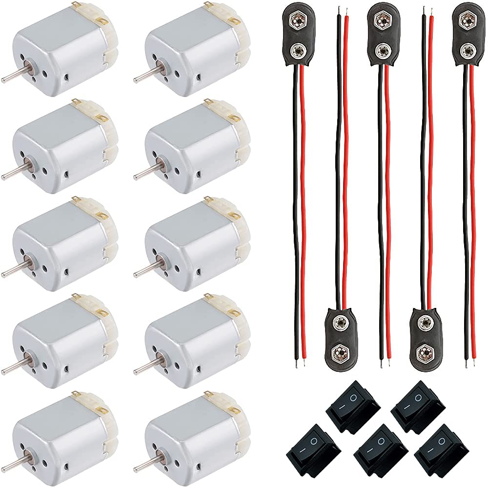 10 Pcs Mini Electric Motor 130 Micro DC Motor 1.5-6V 10000RPM Rectangular Motors 5 Boat Switches and 5pcs 9V Battery Connector for DIY Toys Science Projects