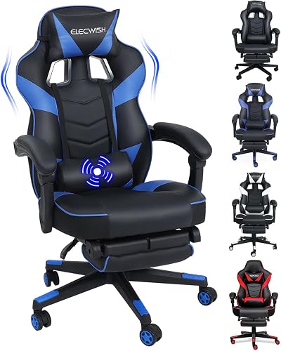 PULUOMIS Gaming Chair Ergonomic Massage Footrest Blue PU Leather