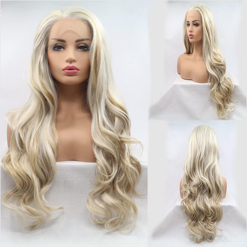 Xiweiya Long Mixed Blonde Golden Color Synthetic Lace Front Wigs Wave Blonde Lace Front Wig Free Part Heat Resistant Fiber Hair Wig For White Women โ image 1