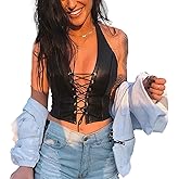 Women's Sexy Halter Backless Leather Tops Rivet String Lace Up Tank Tops Camisole