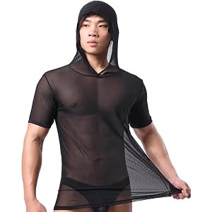Mens Mesh Hooded Sheer Tops Short Sleeve See Through Sexy Regular Fit Disco Night Party Males T-shirts