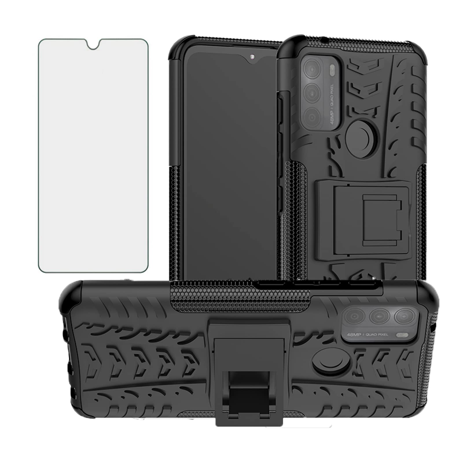 Asuwish Compatible with Motorola Moto G50 5G and Tempered Glass Screen Protector Cover with Stand Kickstand Hybrid Protective Cell Accessories Motorola G 50 50G MotoG50 5G 2021 Women Men Girly Black