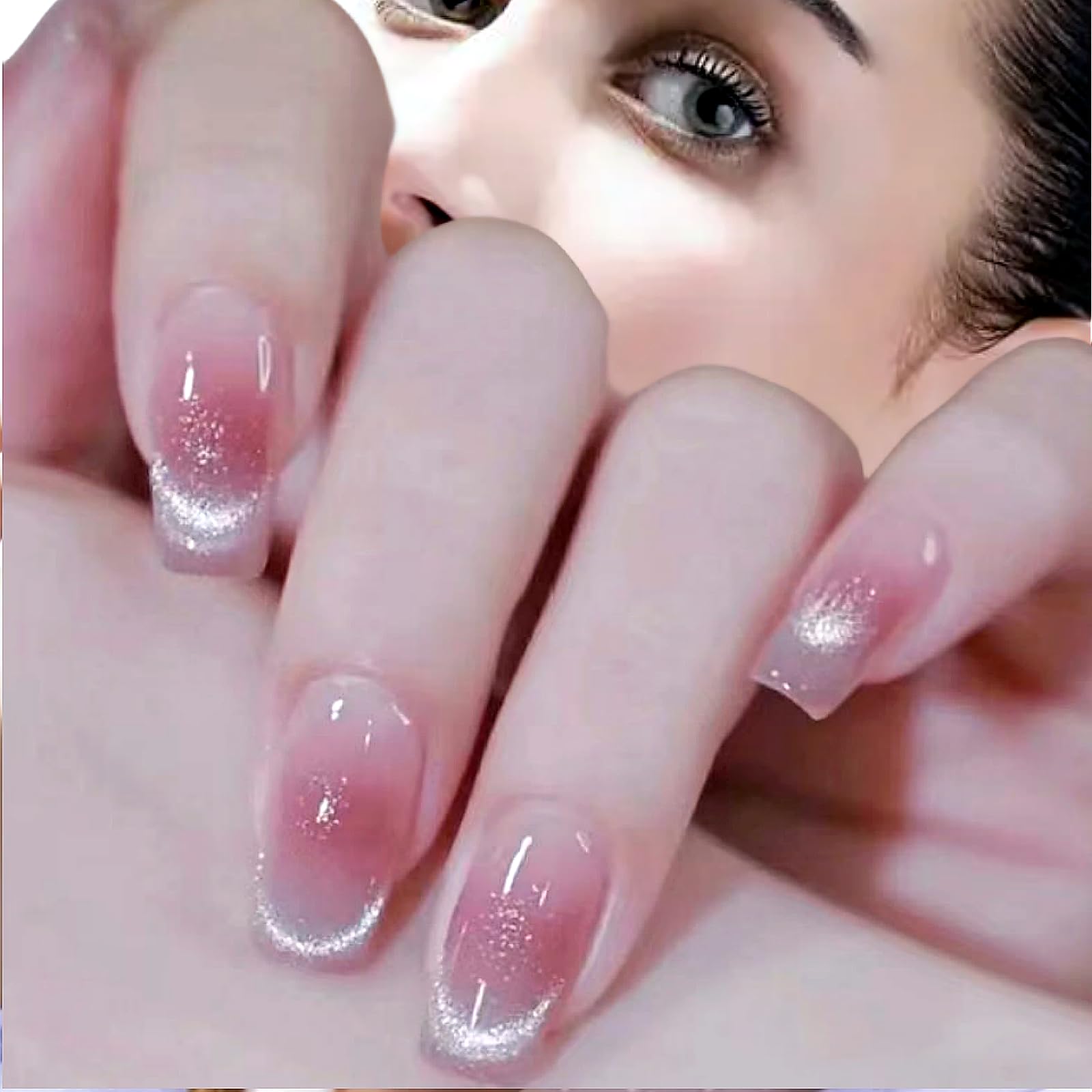 Pure Handmade Nails Press on Nail Reusable Fake Nails Short Red Cat Eye Medium Stick on Nails French Tip False Nails 10pcs (M, TB0049)