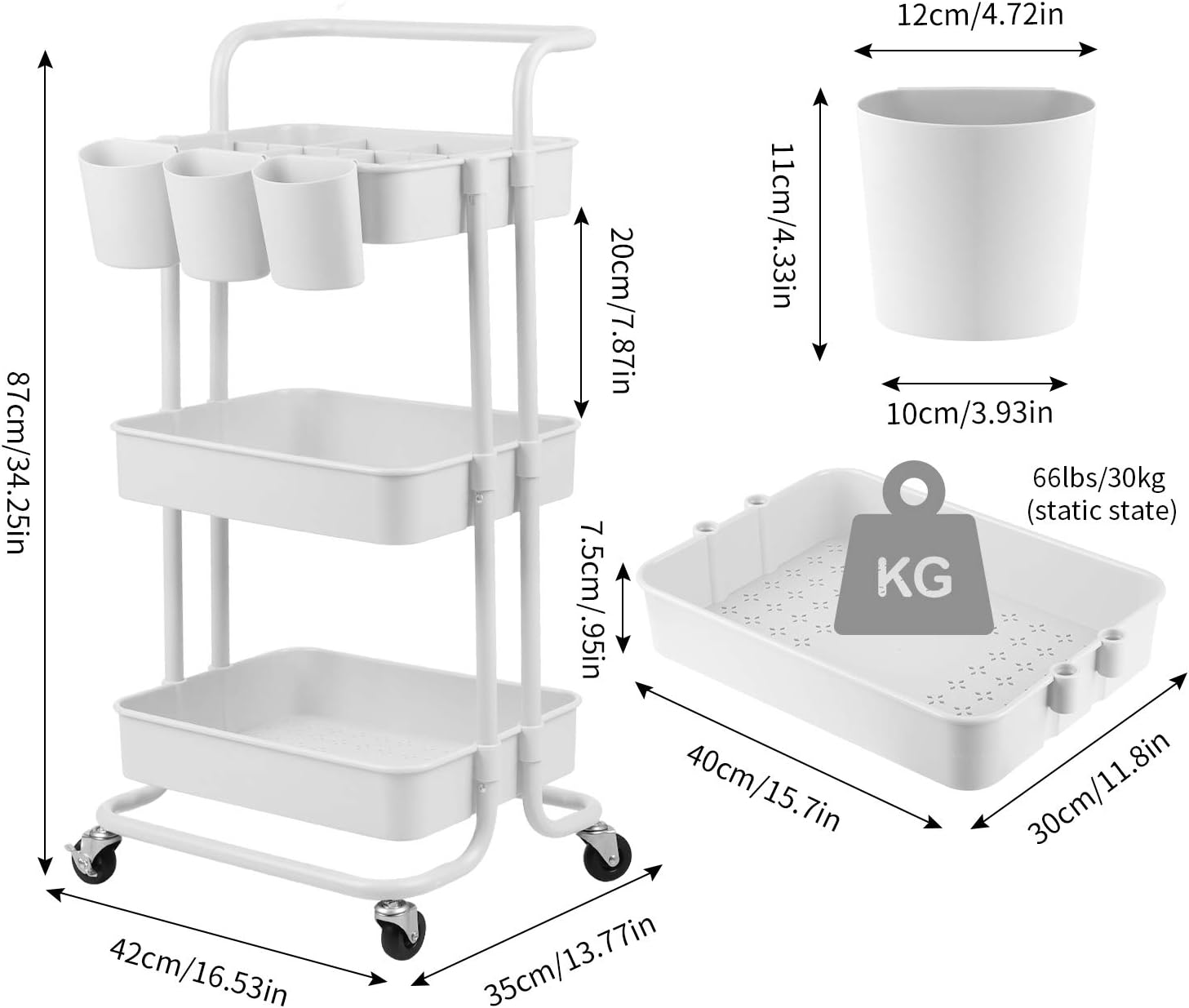 alvorog 3-Tier Rolling Utility Cart Storage Shelves Multifunction Storage Trolley Service Cart with Mesh Basket Handles and Wheels Easy Assembly for Bathroom, Kitchen, Office (White) : Office Products